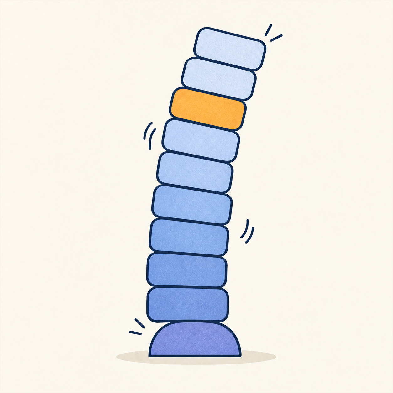 A precariously leaning stack of blue blocks with an orange block near the top