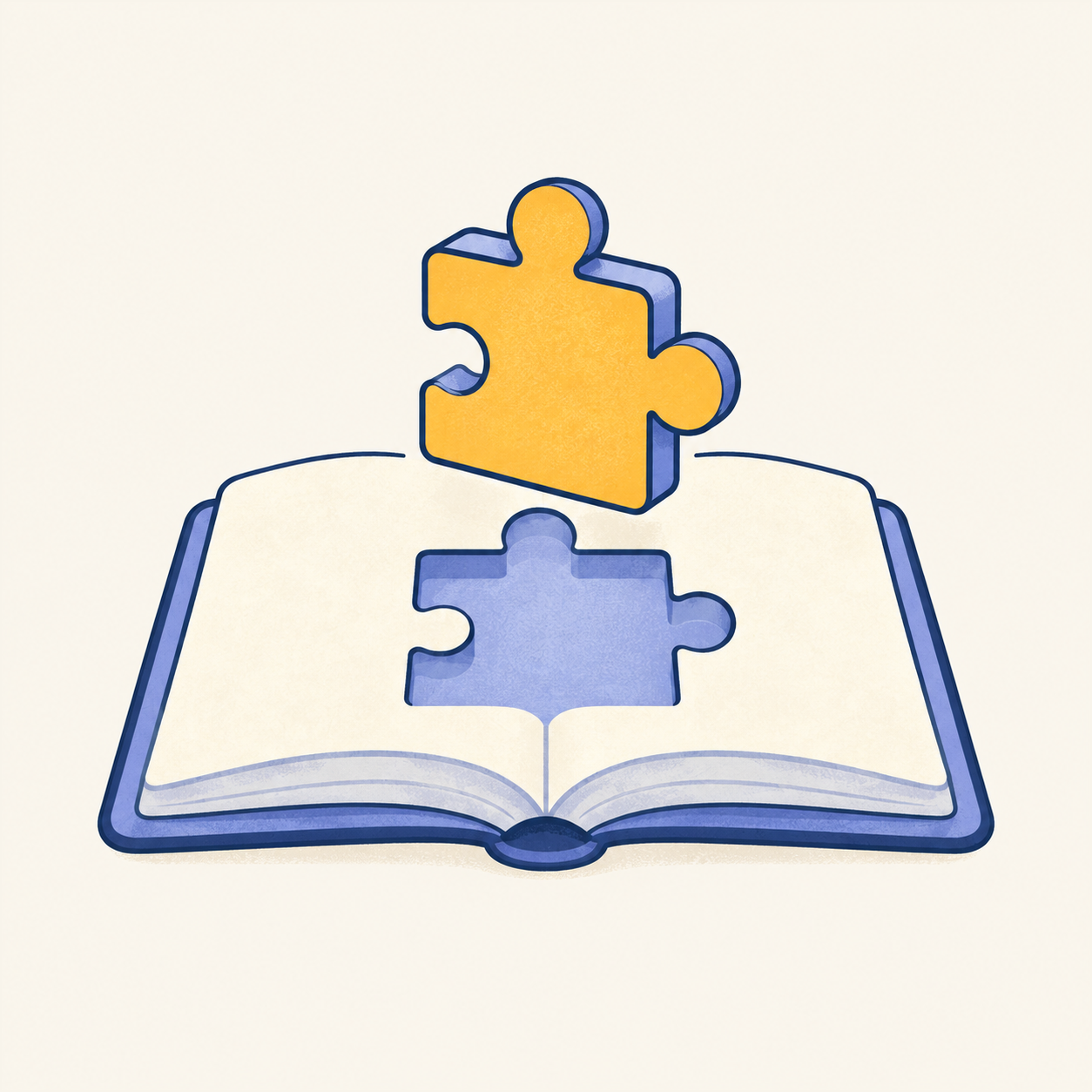 An open book with a blue puzzle-shaped space and a mustard puzzle piece rising above it.