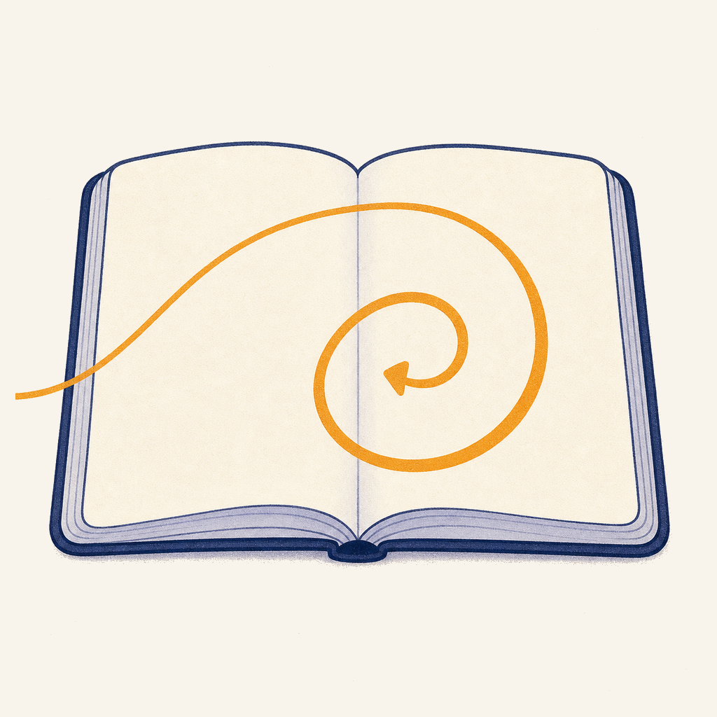 Open research notebook with a single connected spiral line representing self-referencing agent research logs
