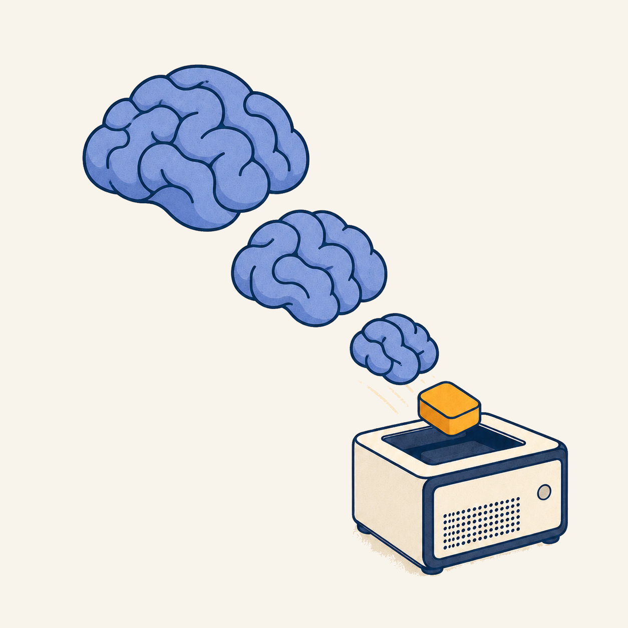 Three progressively smaller blue brain forms compressing into an orange module above a compact local computer